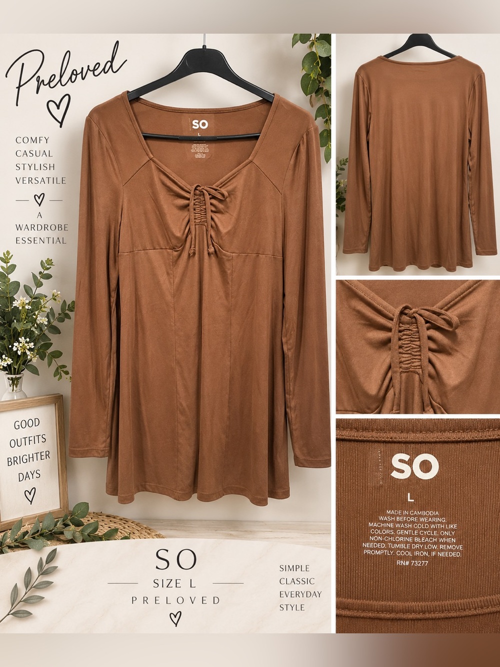 SO Women’s Long-Sleeve Lace-Front Top in Brown